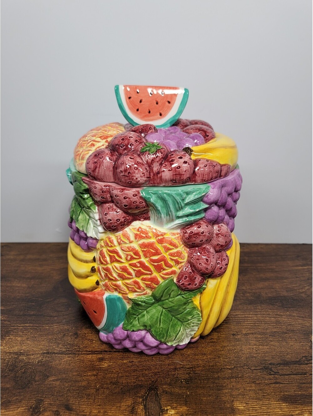 Vintage Cooks Club Multicolor 3D Fruits Leaves Round Ceramic Cookie Jar